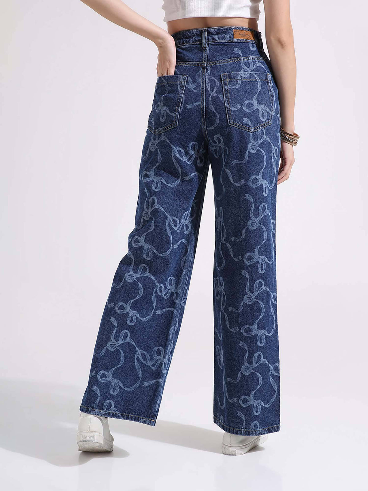 Women Dark Blue Printed High Waist Wide Leg Jeans | WL90 - view 5