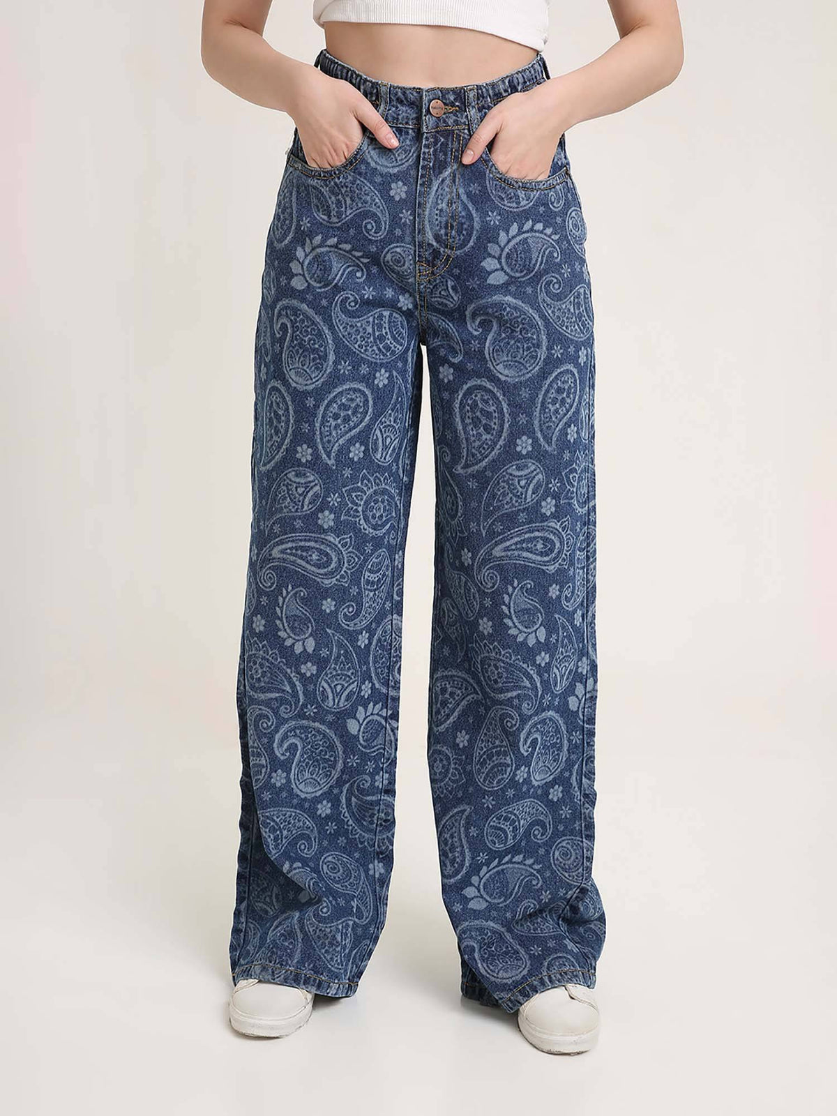Women Blue High Waist Paisley Printed Wide Leg Jeans | WL90 - view 1