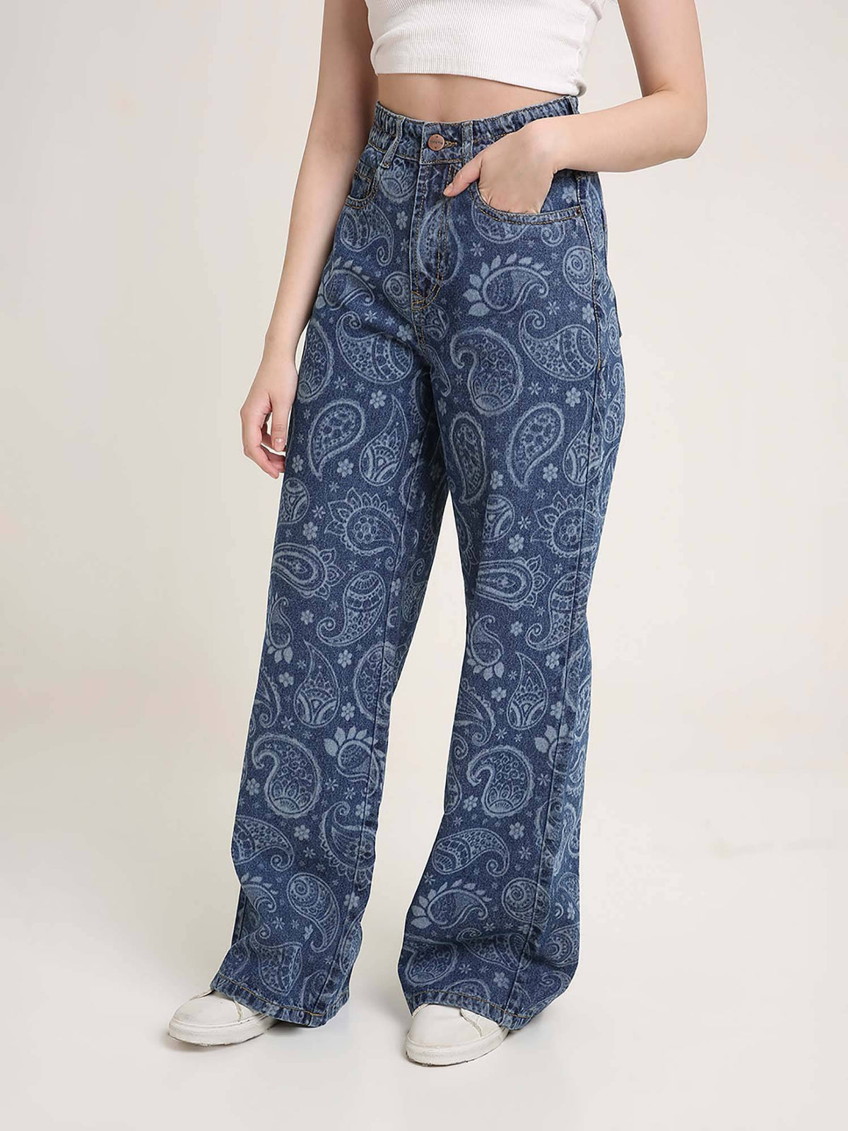 Women Blue High Waist Paisley Printed Wide Leg Jeans | WL90 - view 2