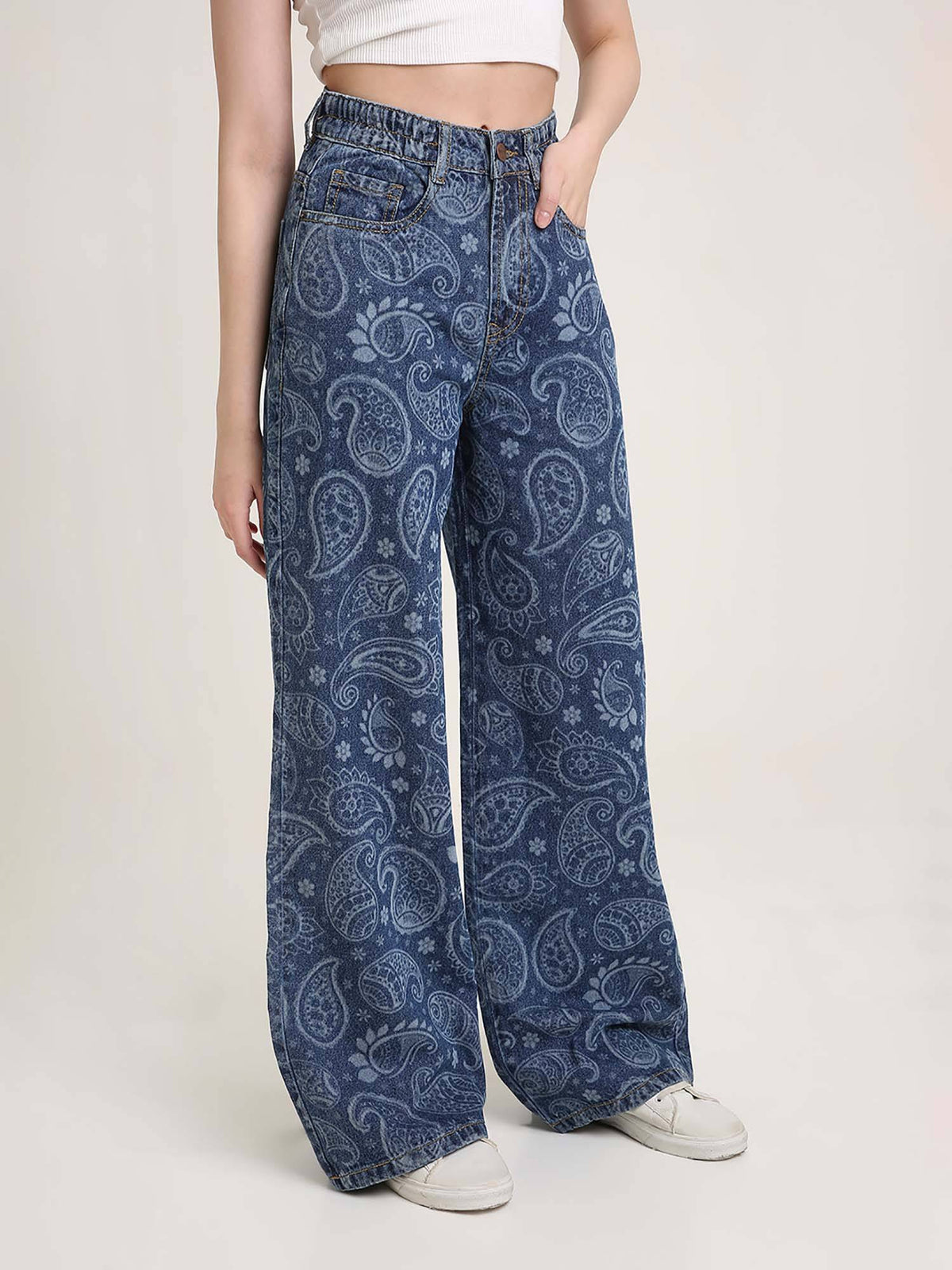 Women Blue High Waist Paisley Printed Wide Leg Jeans | WL90 - view 3