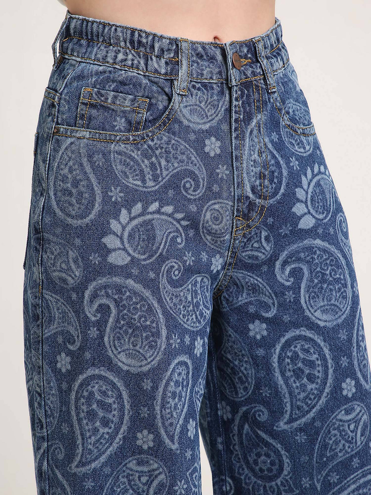 Women Blue High Waist Paisley Printed Wide Leg Jeans | WL90 - view 4