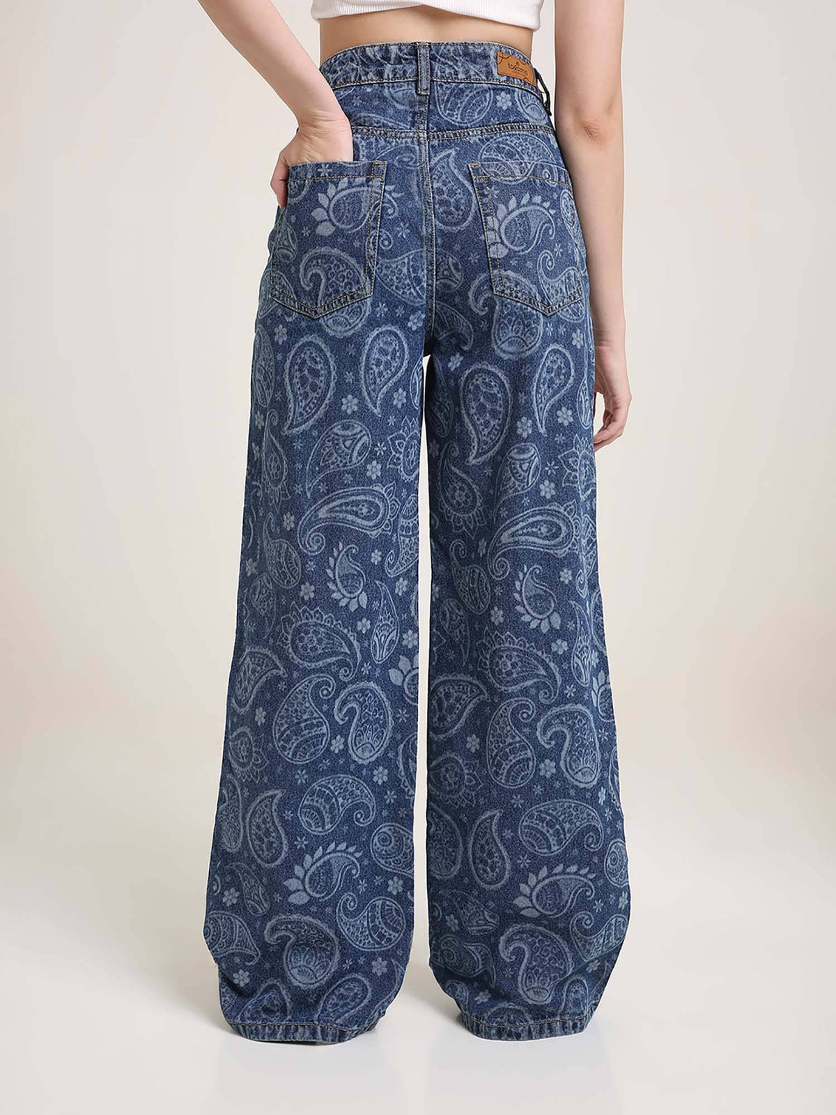 Women Blue High Waist Paisley Printed Wide Leg Jeans | WL90 - view 5