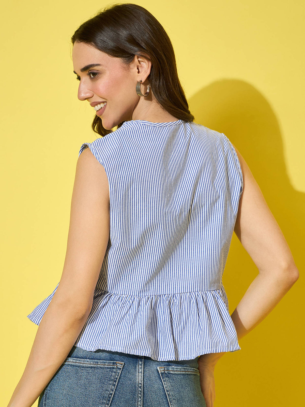 Women Blue Striped Cotton Sleeveless Top With Tie-Knot Peplum | pt51 - view 2