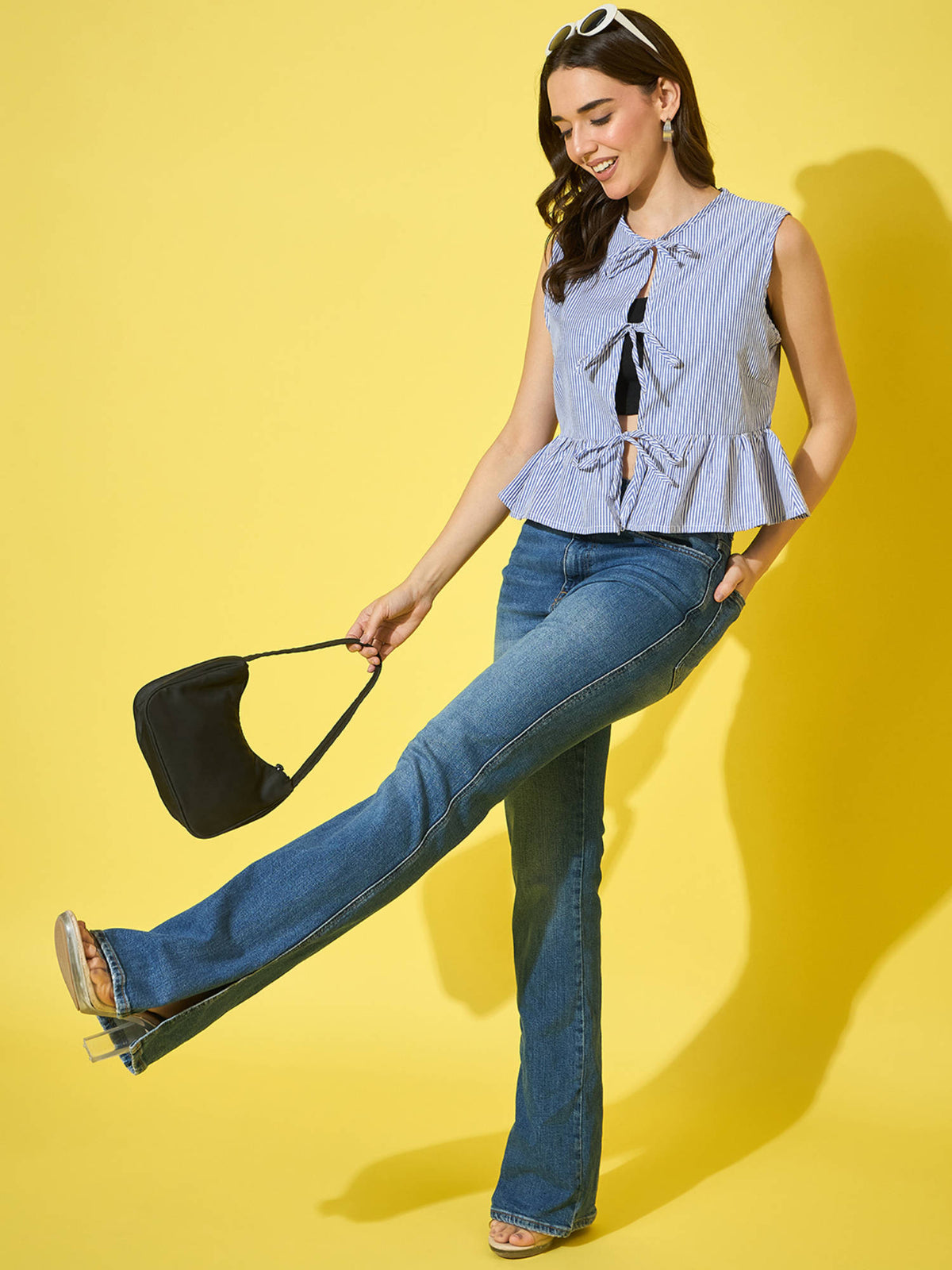 Women Blue Striped Cotton Sleeveless Top With Tie-Knot Peplum | pt51 - view 3