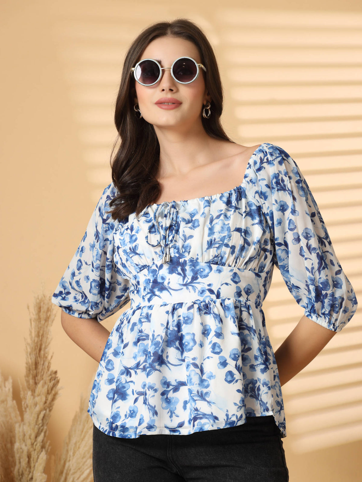 Blue Women Floral Peplum Top | pt51 - view 3