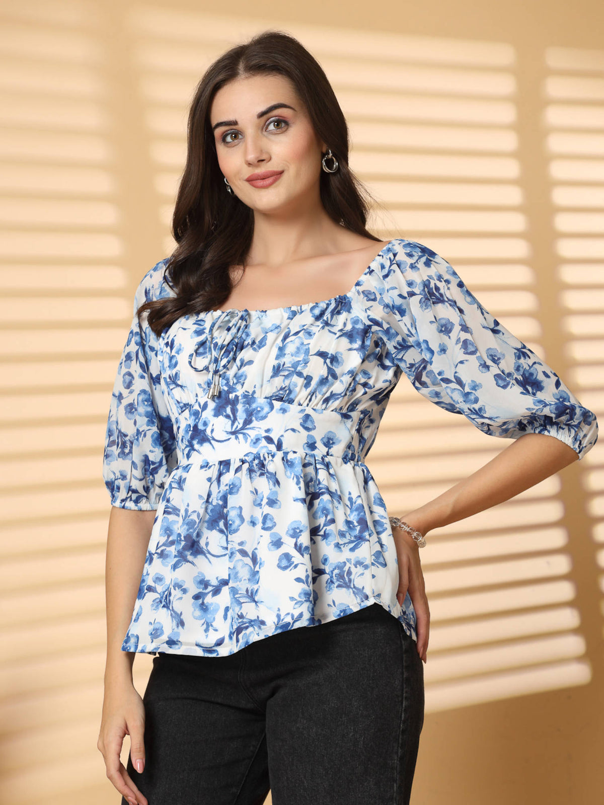 Blue Women Floral Peplum Top | pt51 - view 4