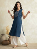 Blue Solid Thread Work Sleeveless Kurta | FY93 - view 1