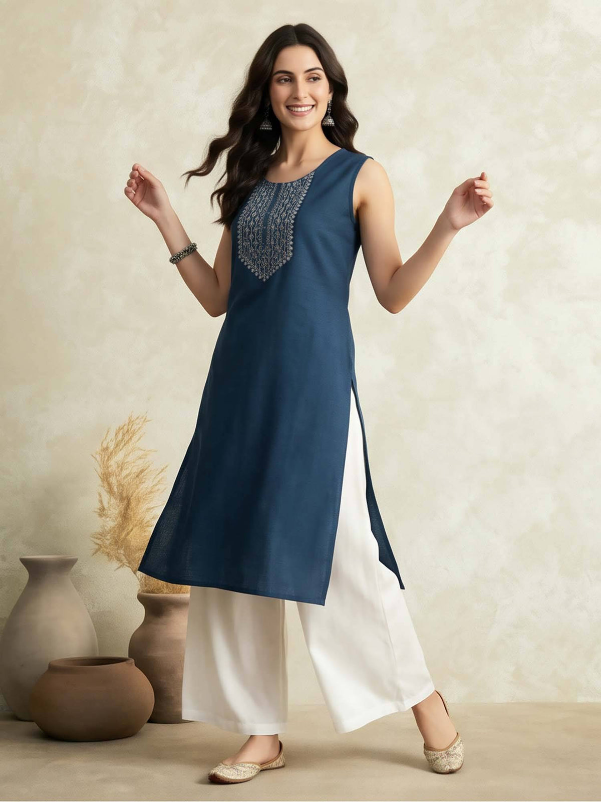 Blue Solid Thread Work Sleeveless Kurta | FY93 - view 1