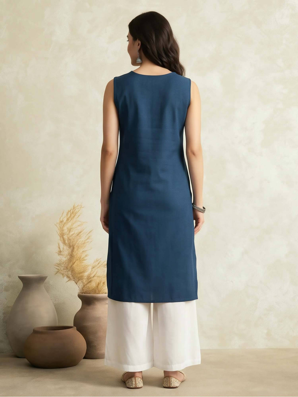 Blue Solid Thread Work Sleeveless Kurta | KDG - view 3