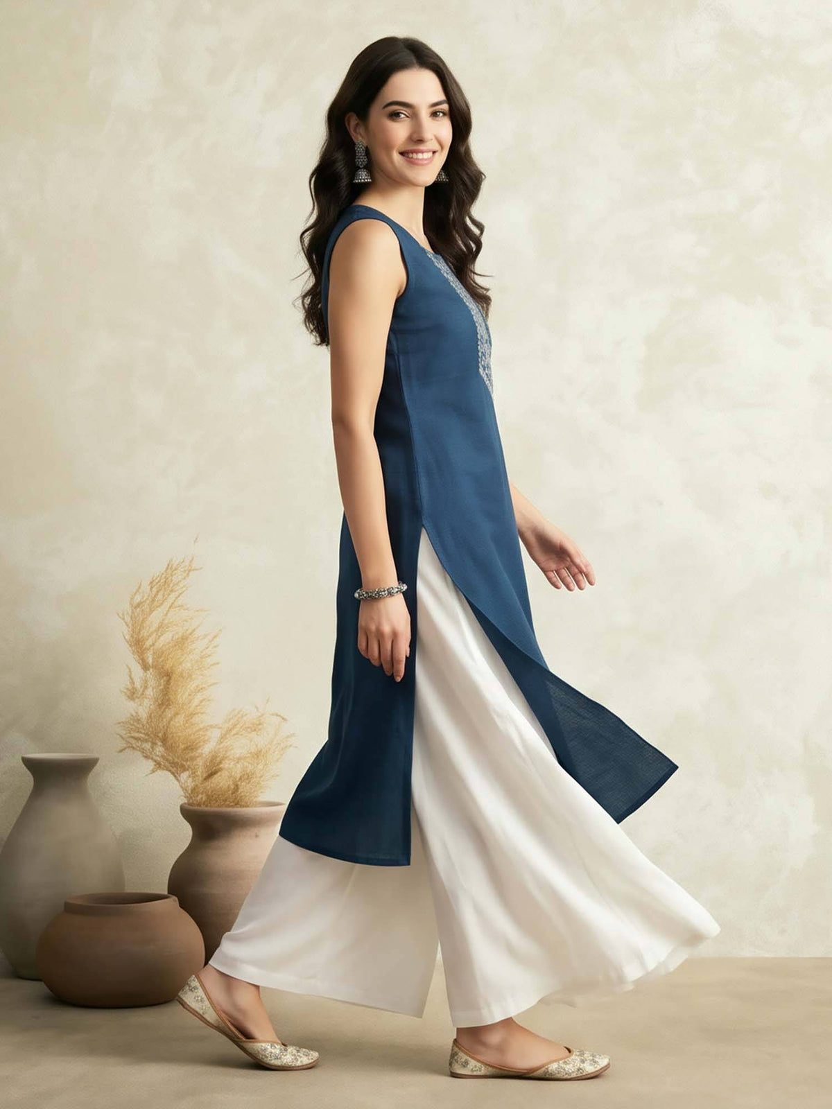 Blue Solid Thread Work Sleeveless Kurta | FY93 - view 5