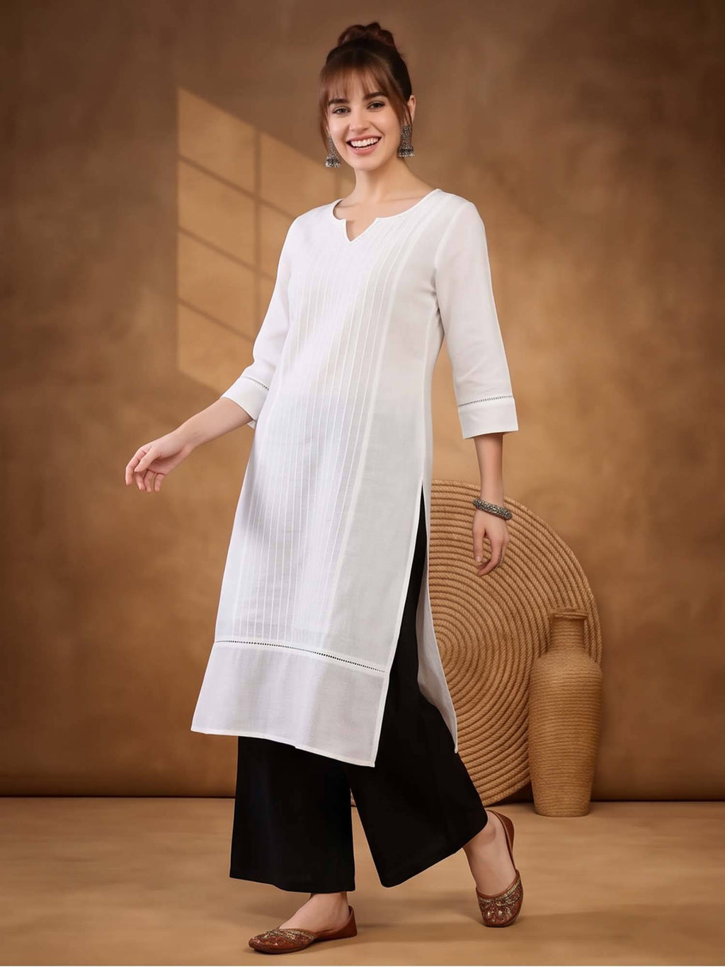 Women Yellow Woven Design Embroidered Straight Pure Cotton Kurta | U3S - view 7