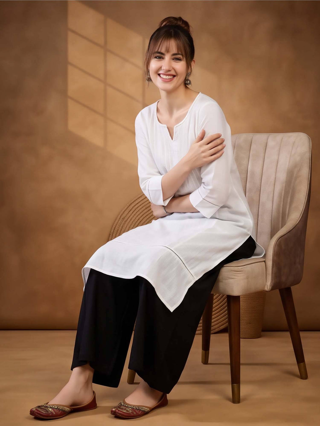 Women Yellow Woven Design Embroidered Straight Pure Cotton Kurta | U3S - view 12