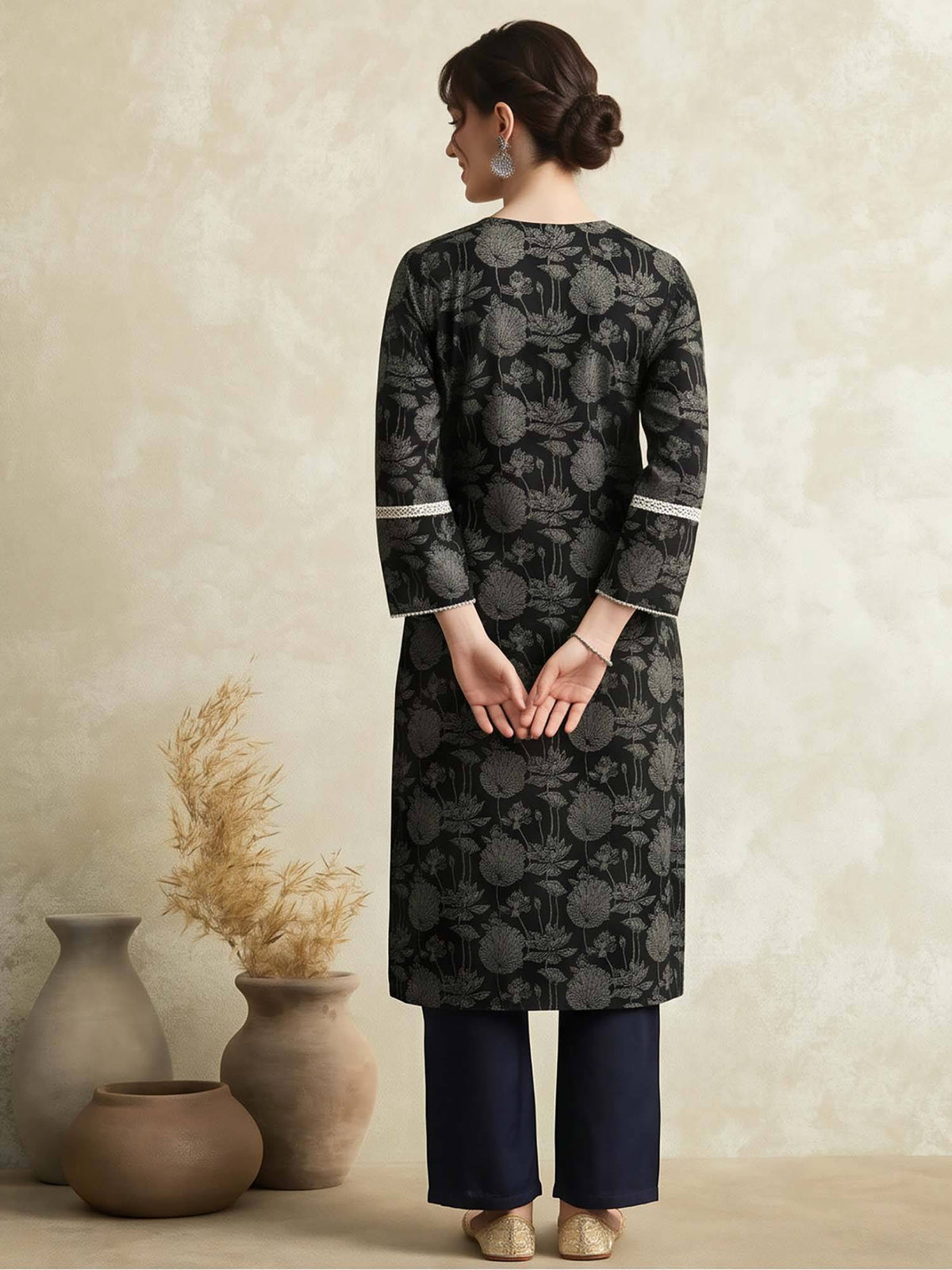 Women Navy Blue Floral Embroidered Straight Pure Cotton Kurta | KDG - view 15