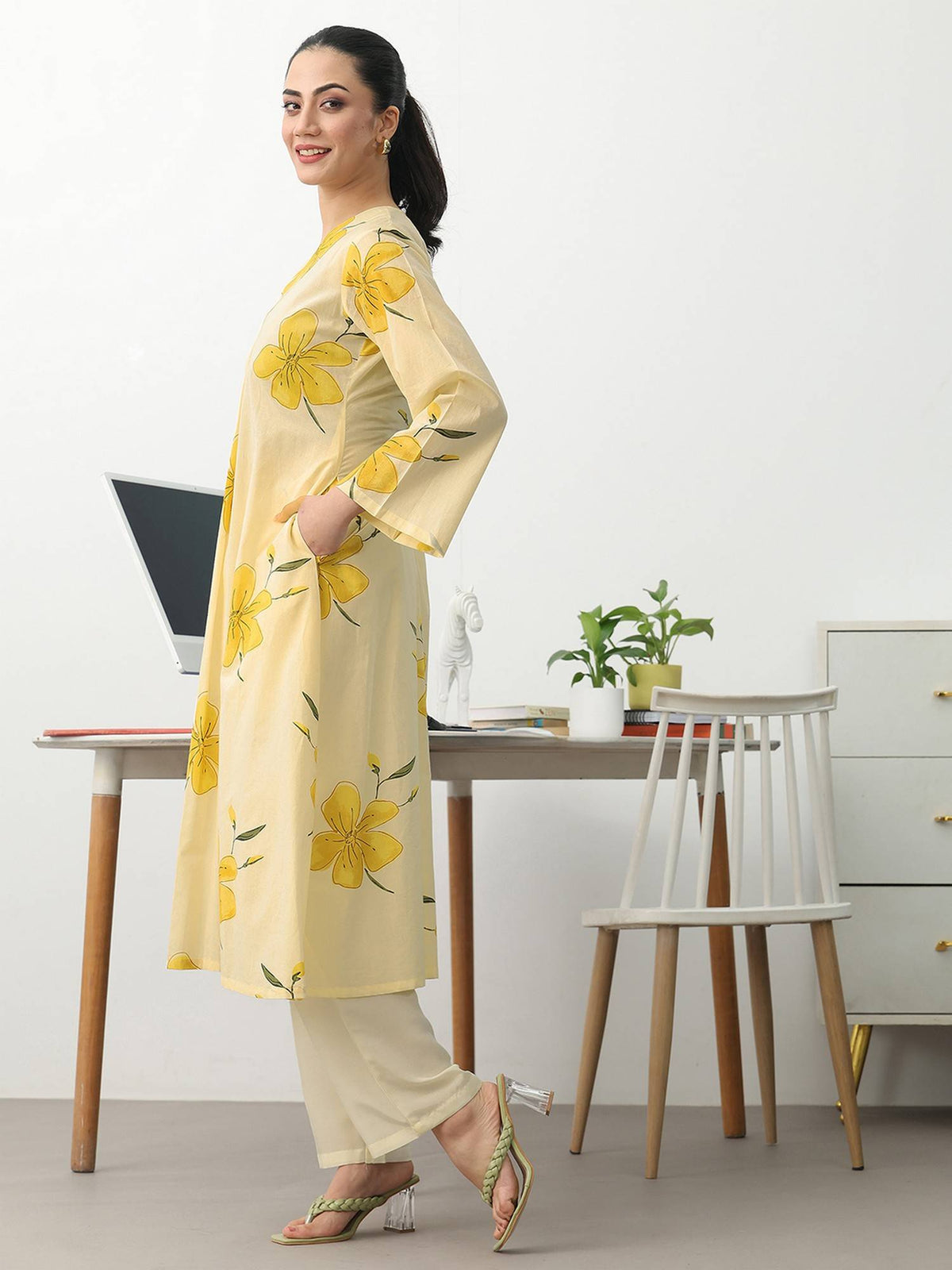 Off White Floral Printed Cotton A-Line Kurta | U3S - view 3