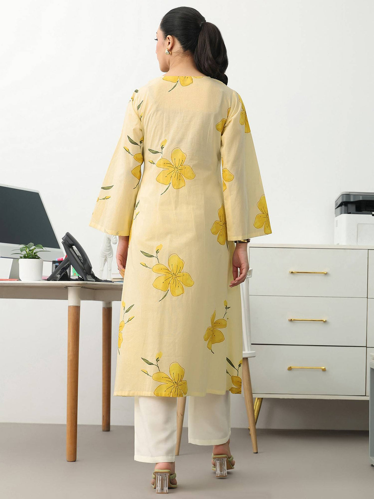 Off White Floral Printed Cotton A-Line Kurta | U3S - view 4