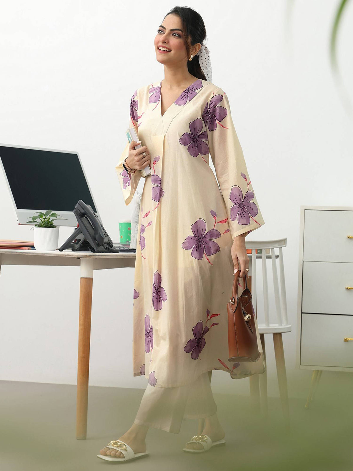 Off White Floral Printed Cotton A-Line Kurta | FY93 - view 2