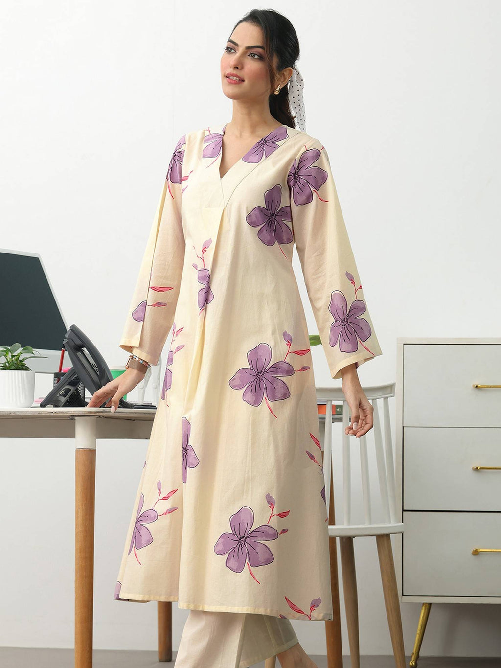 Off White Floral Printed Cotton A-Line Kurta | U3S - view 3