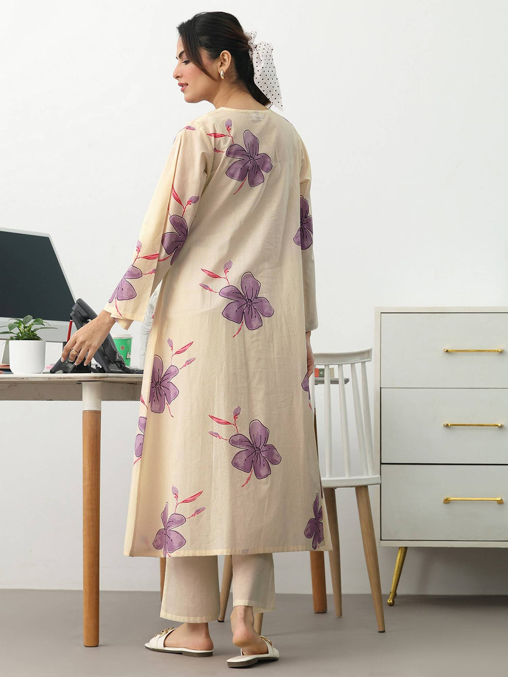 Off White Floral Printed Cotton A-Line Kurta | FY93 - view 4