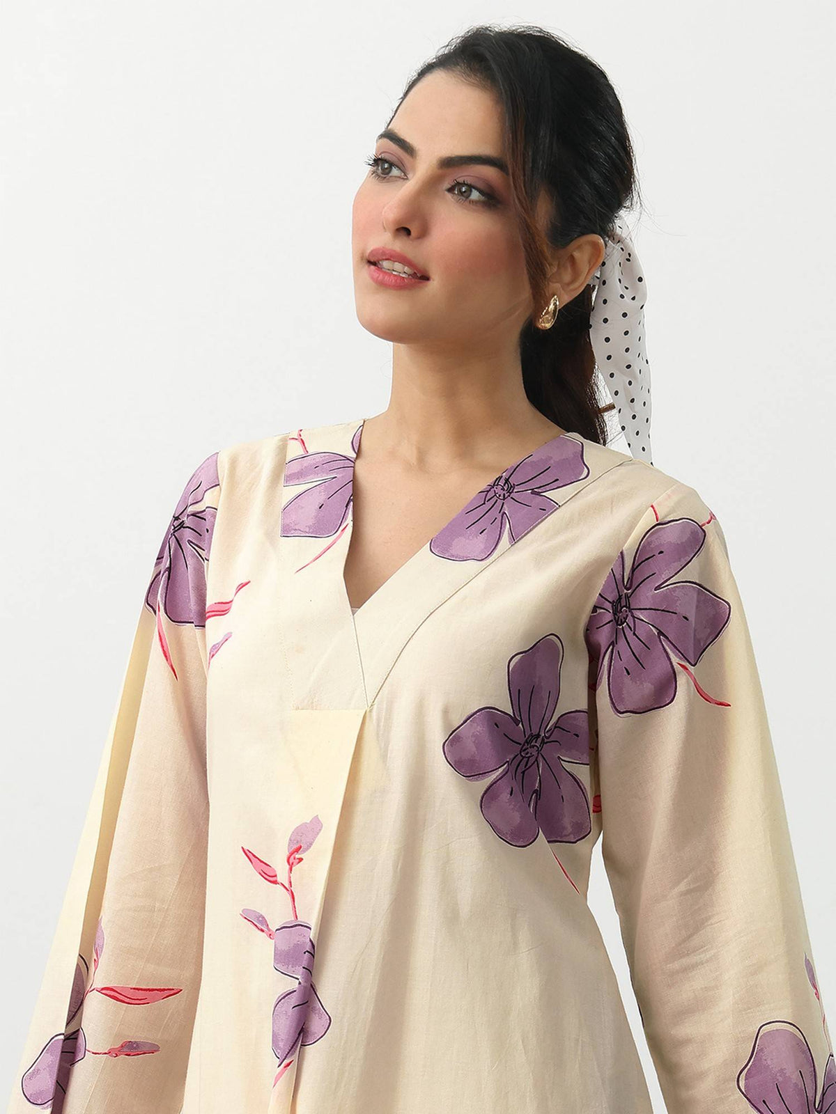 Off White Floral Printed Cotton A-Line Kurta | U3S - view 5