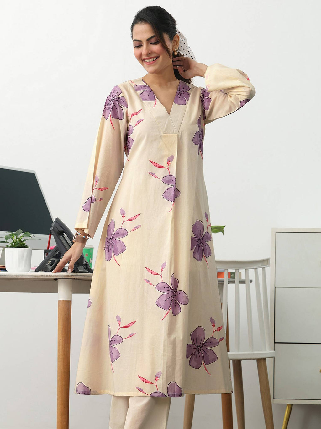 Off White Floral Printed Cotton A-Line Kurta | U3S - view 6