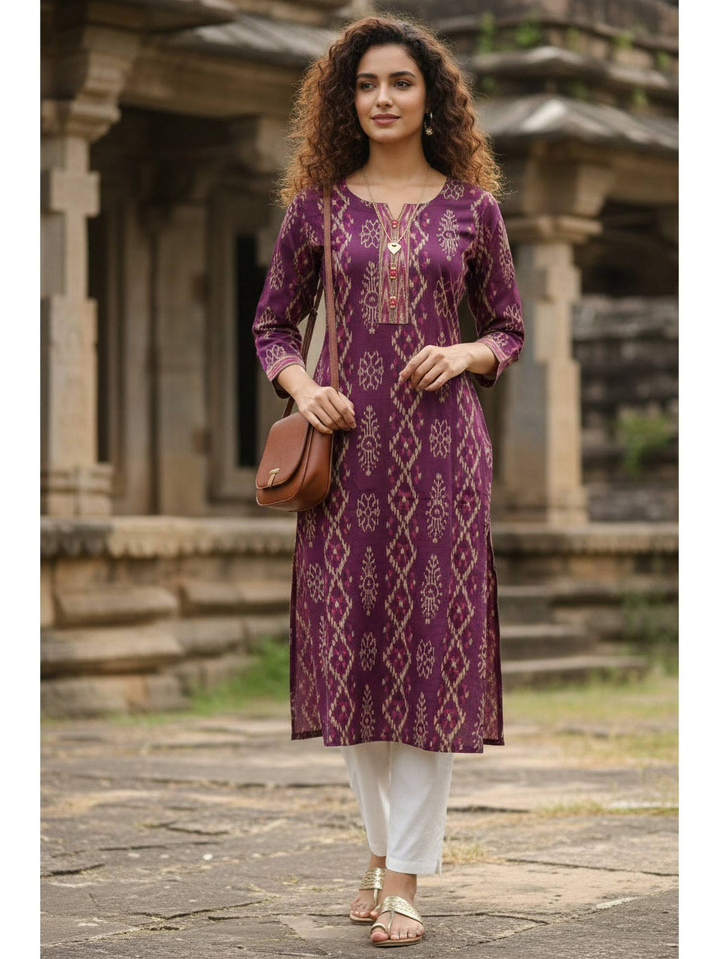 Women's Magenta Cotton Jaipuri Printed Kurta | FY93 - view 1