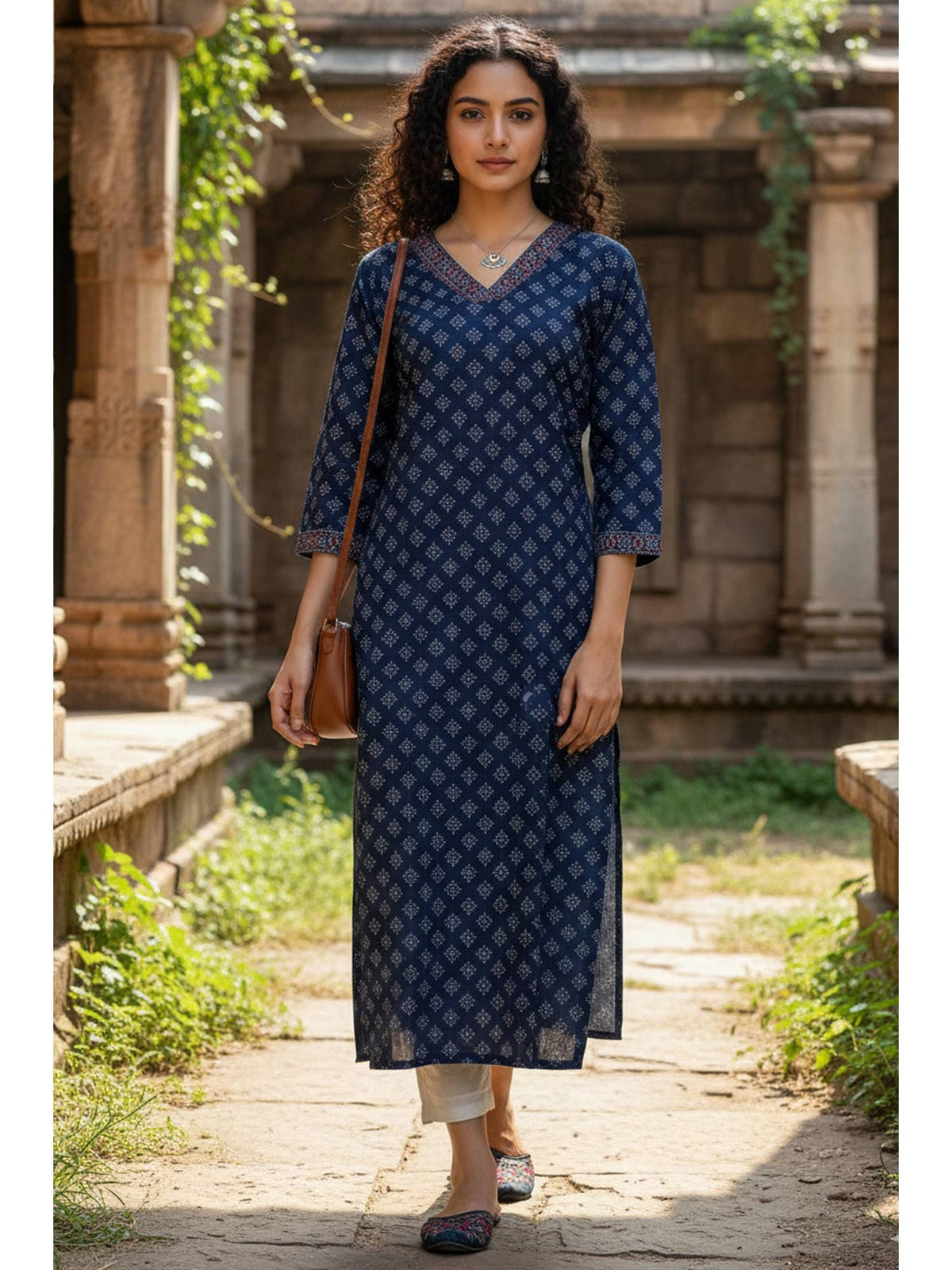 Women's Blue Cotton Jaipuri Printed Kurta | U3S - view 1