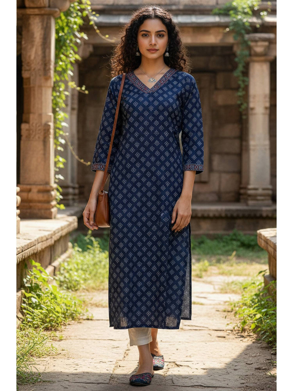 Women's Blue Cotton Jaipuri Printed Kurta | FY93 - view 1