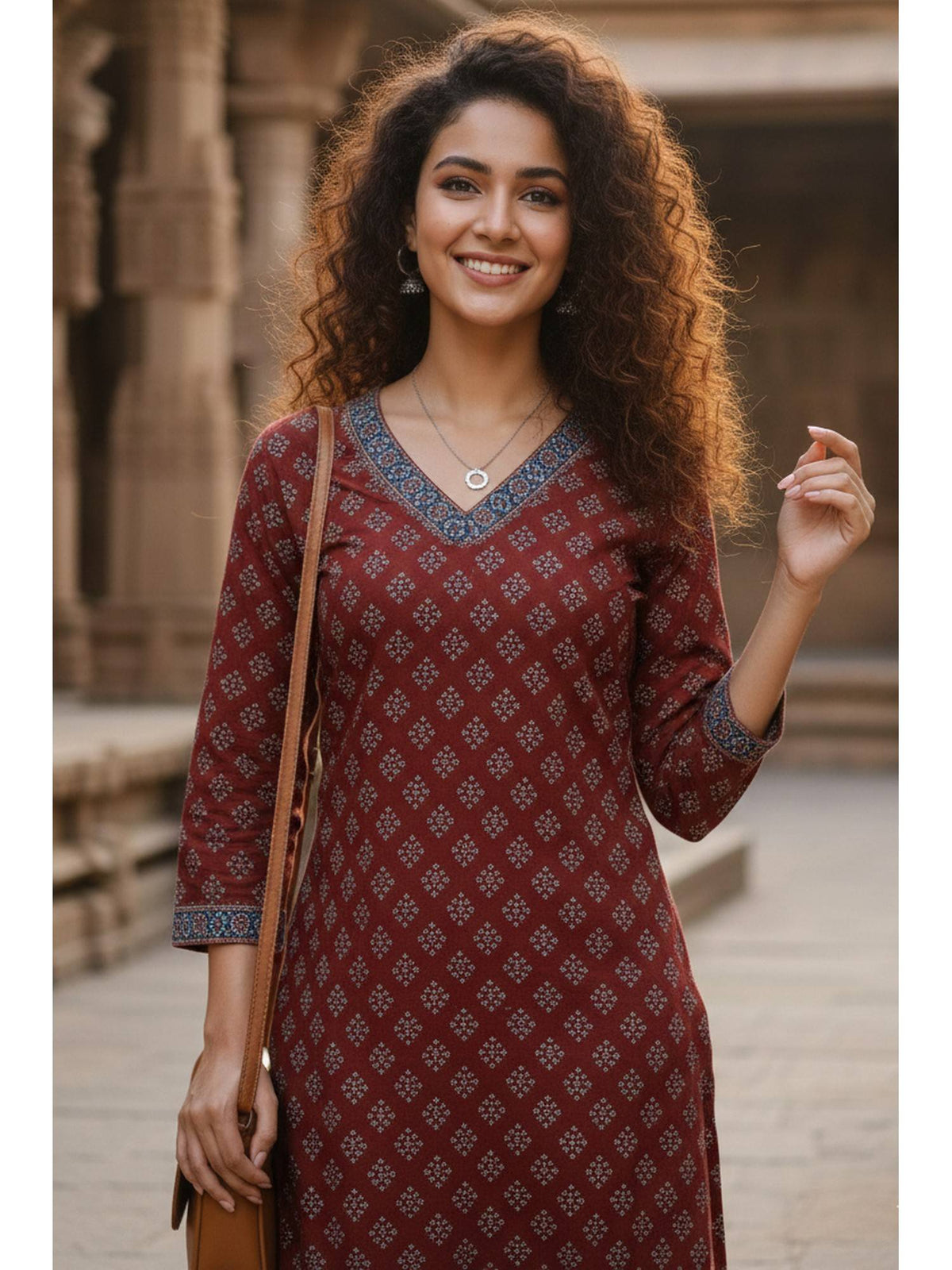 Women's Maroon Cotton Jaipuri Printed Kurta | U3S - view 4
