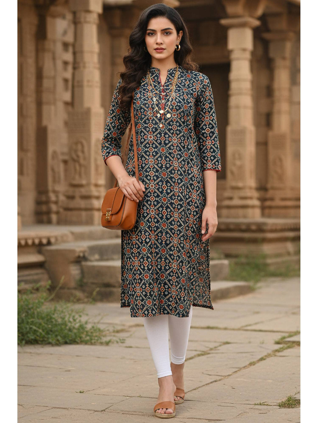 Women's Navy Blue Pure Cambric Cotton Jaipuri Printed Kurta | FY93 - view 1