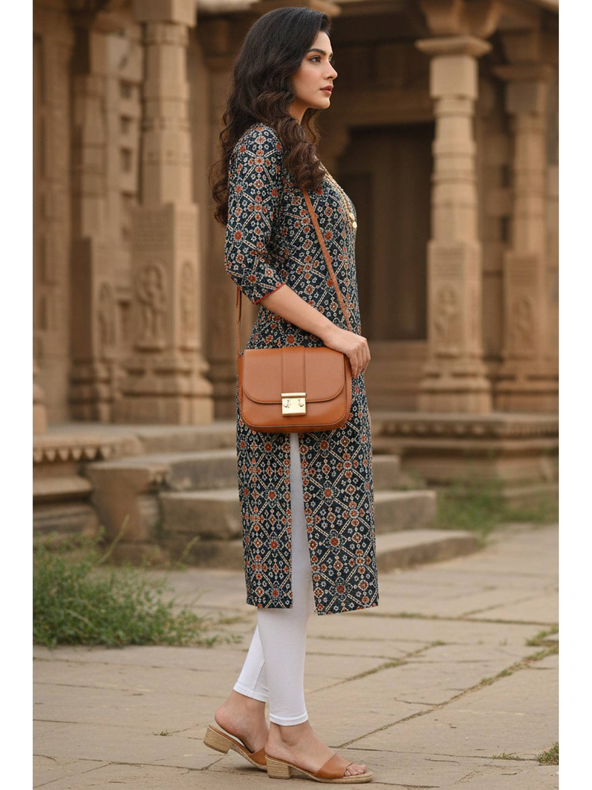 Women's Navy Blue Pure Cambric Cotton Jaipuri Printed Kurta | FY93 - view 2