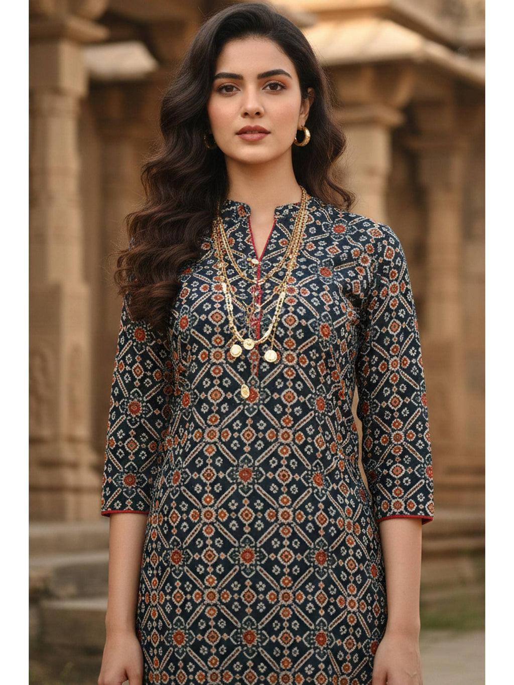 Women's Navy Blue Pure Cambric Cotton Jaipuri Printed Kurta | FY93 - view 4