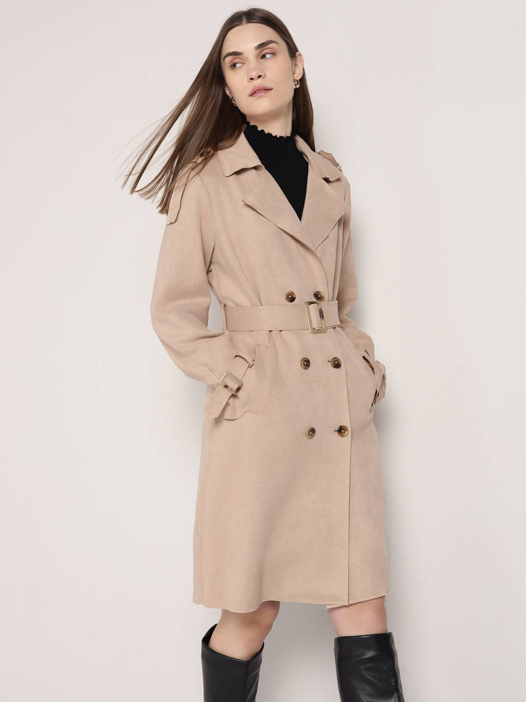 Brown Polyester Solid Overcoat with Belt | JC78 - view 9