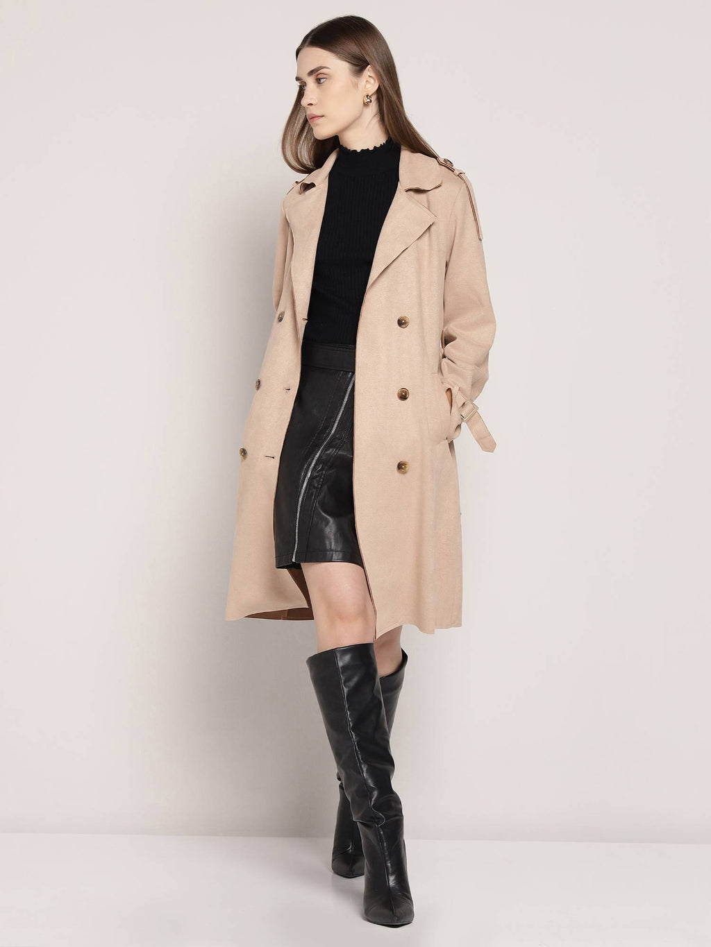 Brown Polyester Solid Overcoat with Belt | JC78 - view 10