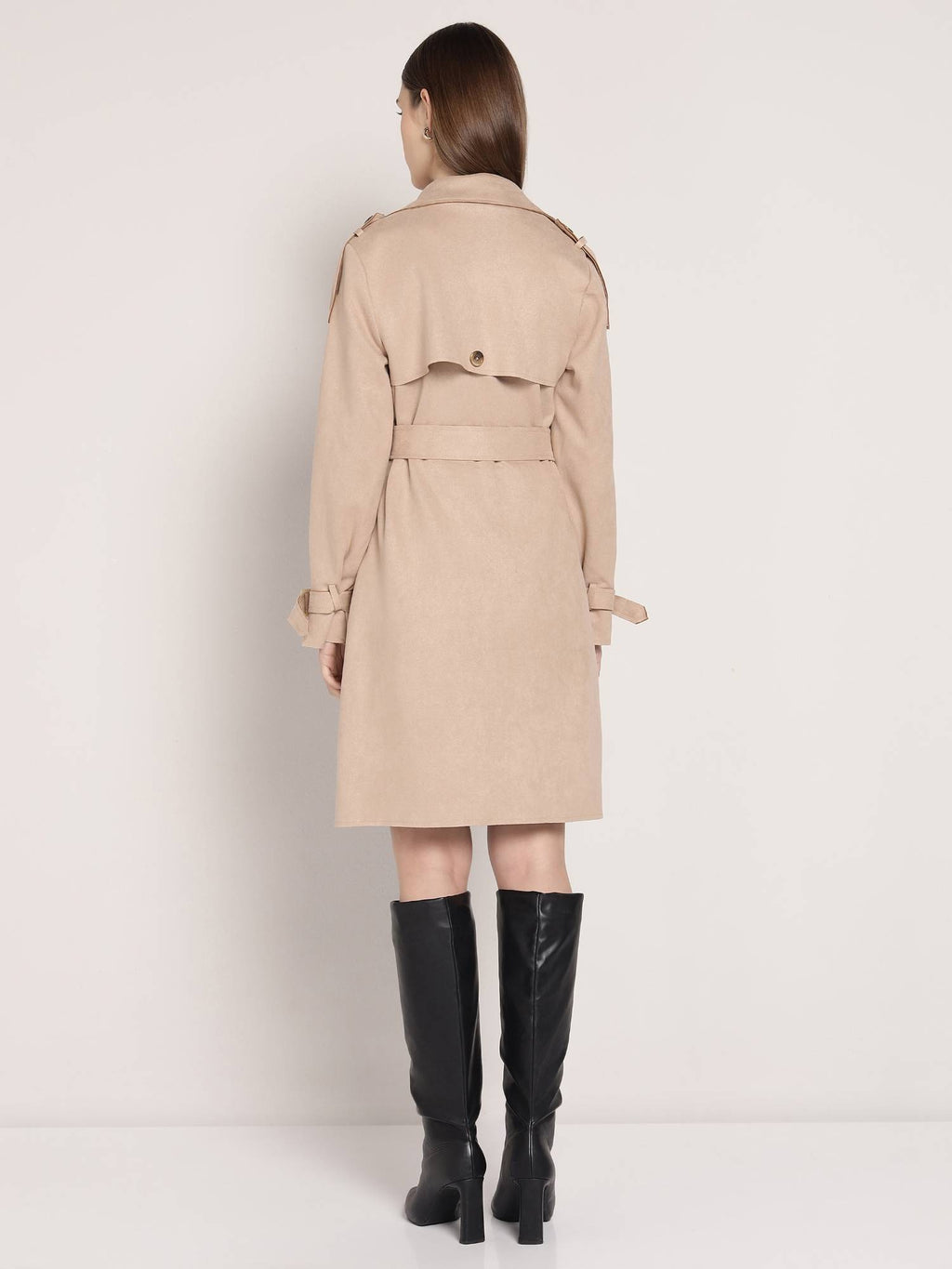 Brown Polyester Solid Overcoat with Belt | JC78 - view 11