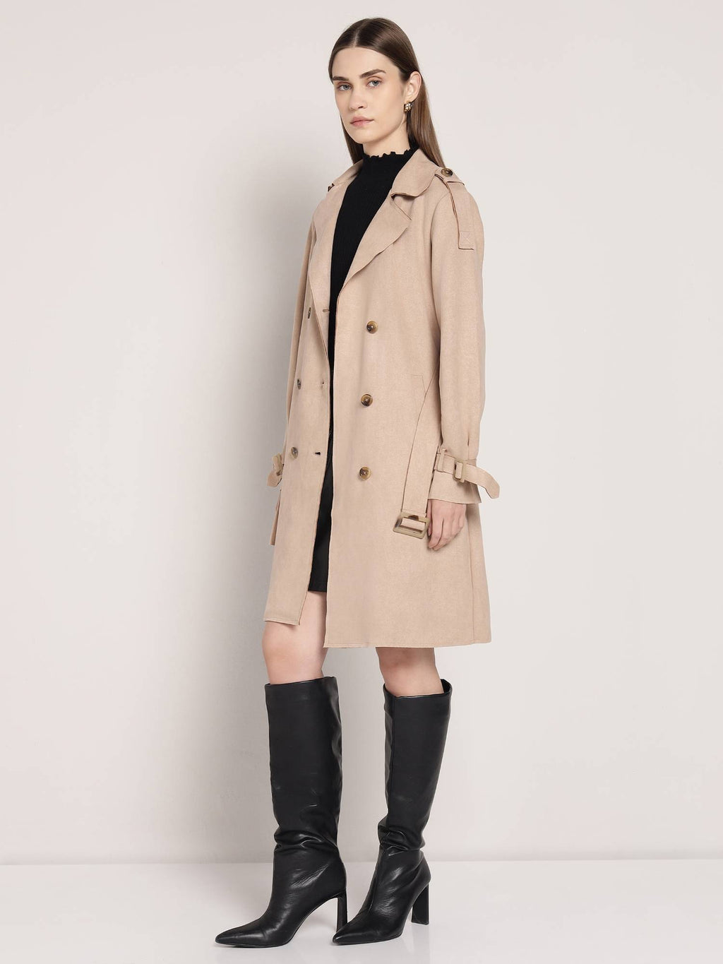 Brown Polyester Solid Overcoat with Belt | JC78 - view 12