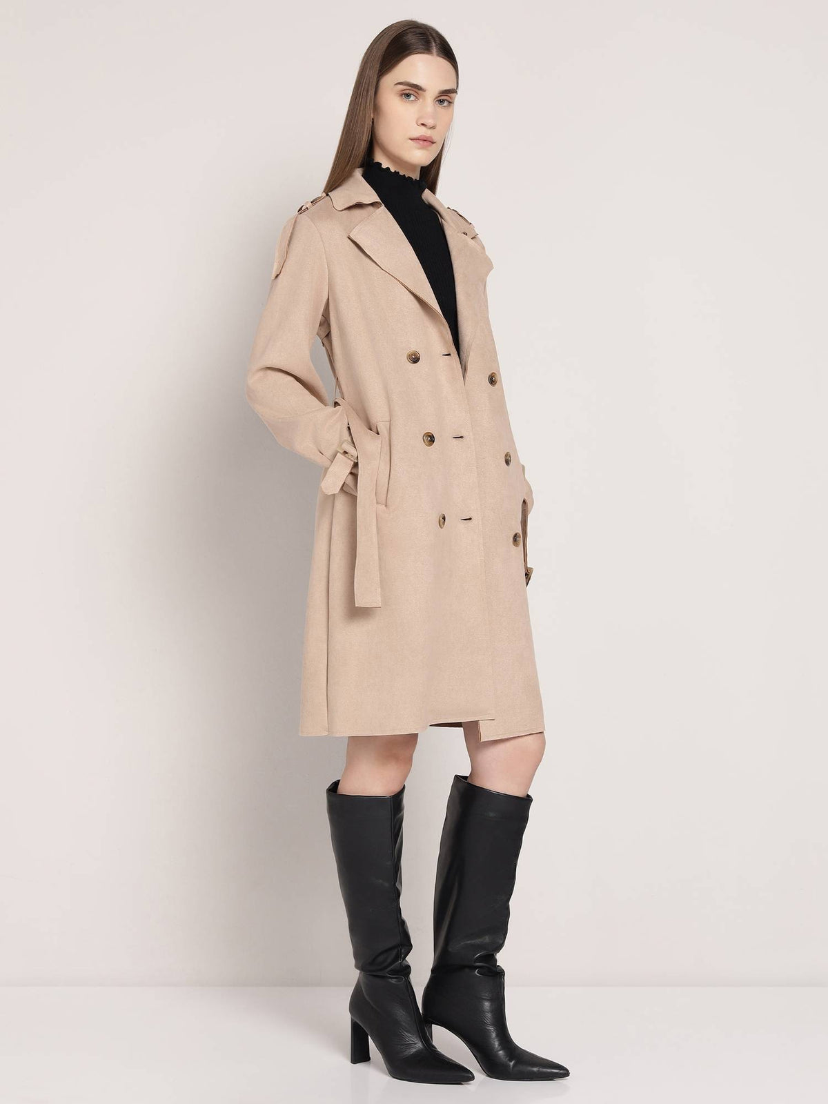 Brown Polyester Solid Overcoat with Belt | JC78 - view 13