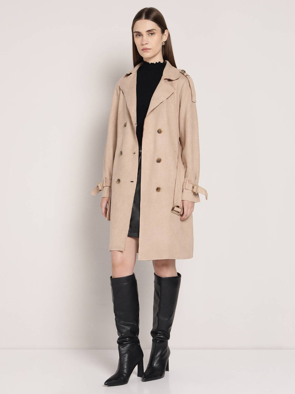 Brown Polyester Solid Overcoat with Belt | JC78 - view 14
