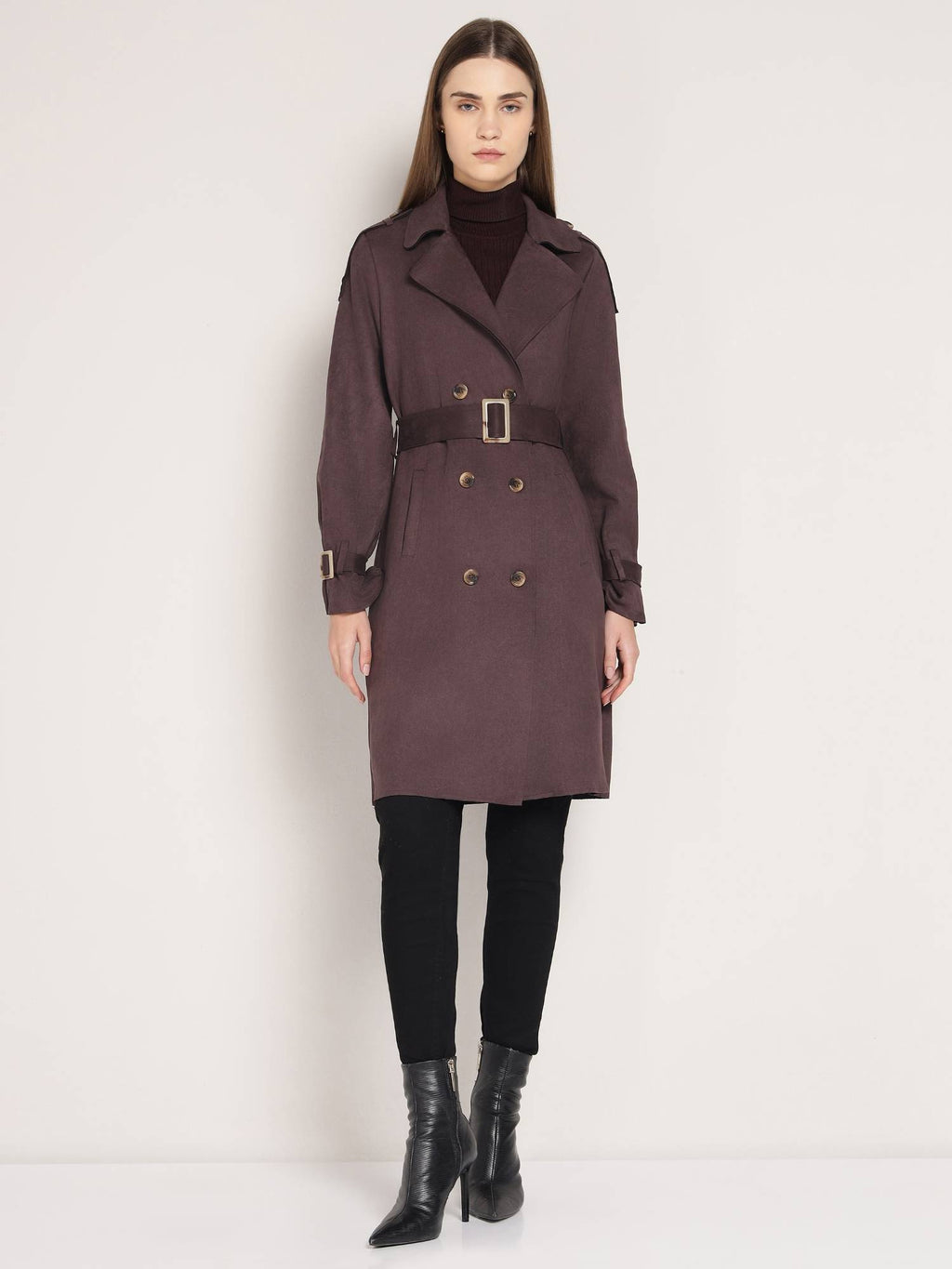 Brown Polyester Solid Overcoat with Belt | JC78 - view 1
