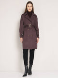 Brown Polyester Solid Overcoat with Belt | JC78 - view 1