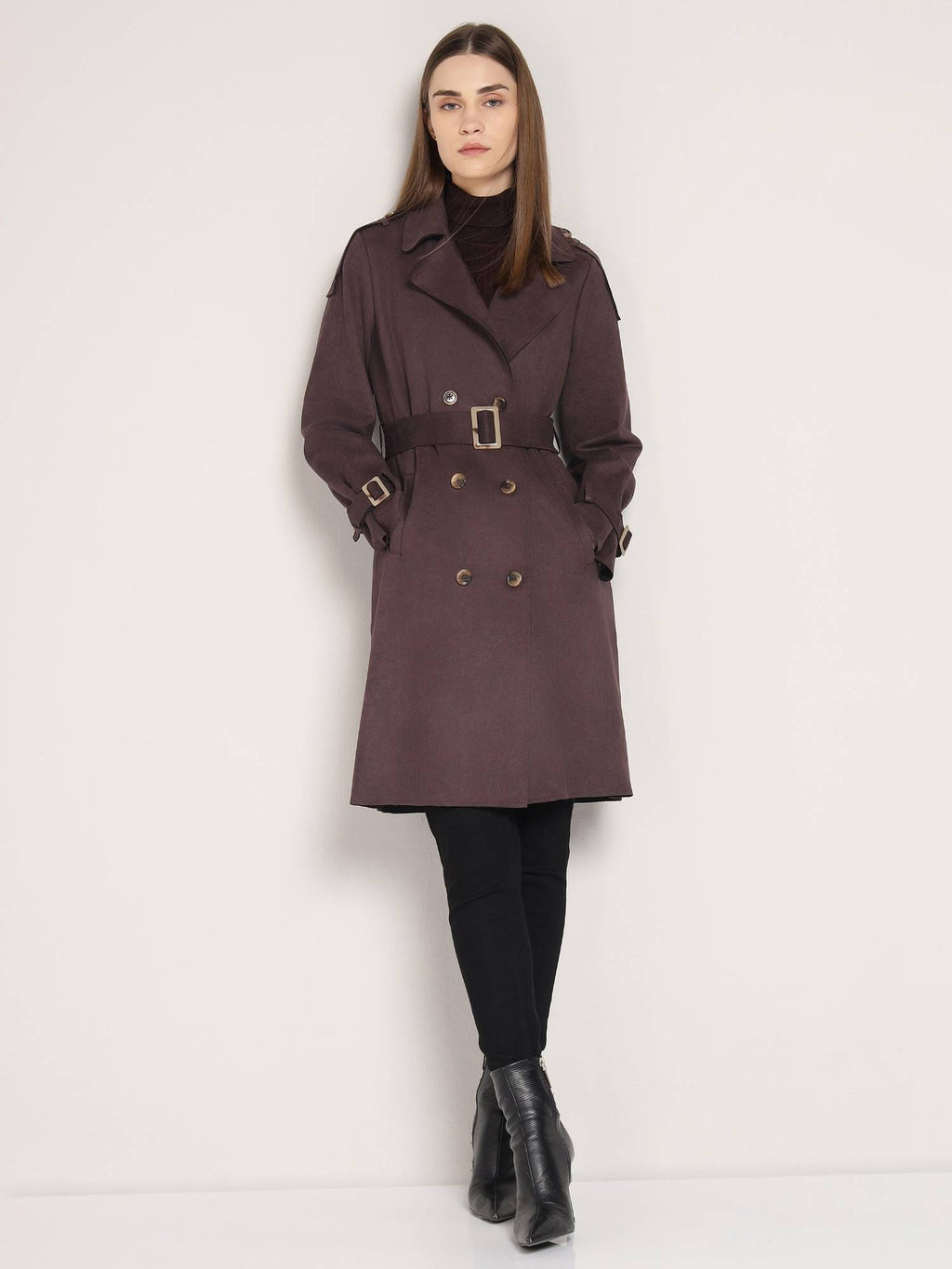 Brown Polyester Solid Overcoat with Belt | JC78 - view 2
