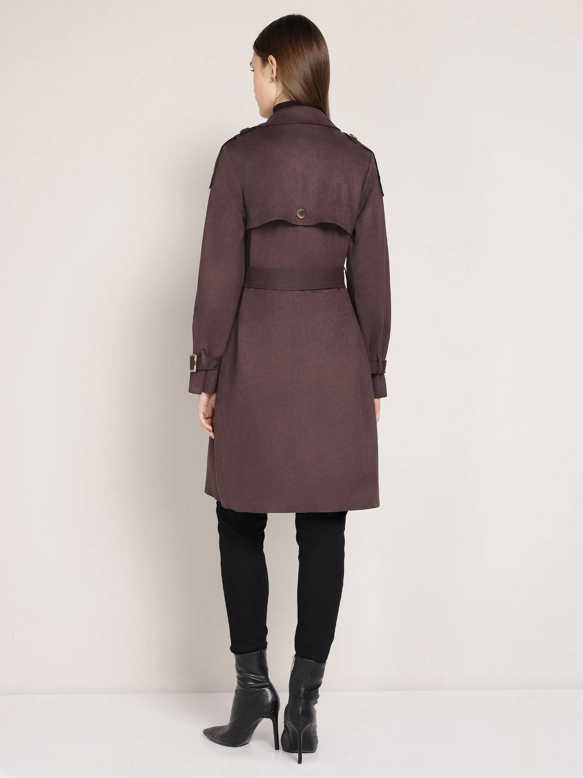 Brown Polyester Solid Overcoat with Belt | JC78 - view 3