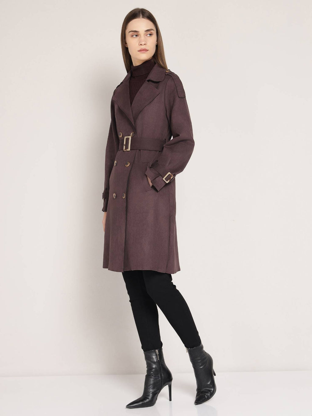 Brown Polyester Solid Overcoat with Belt | JC78 - view 4