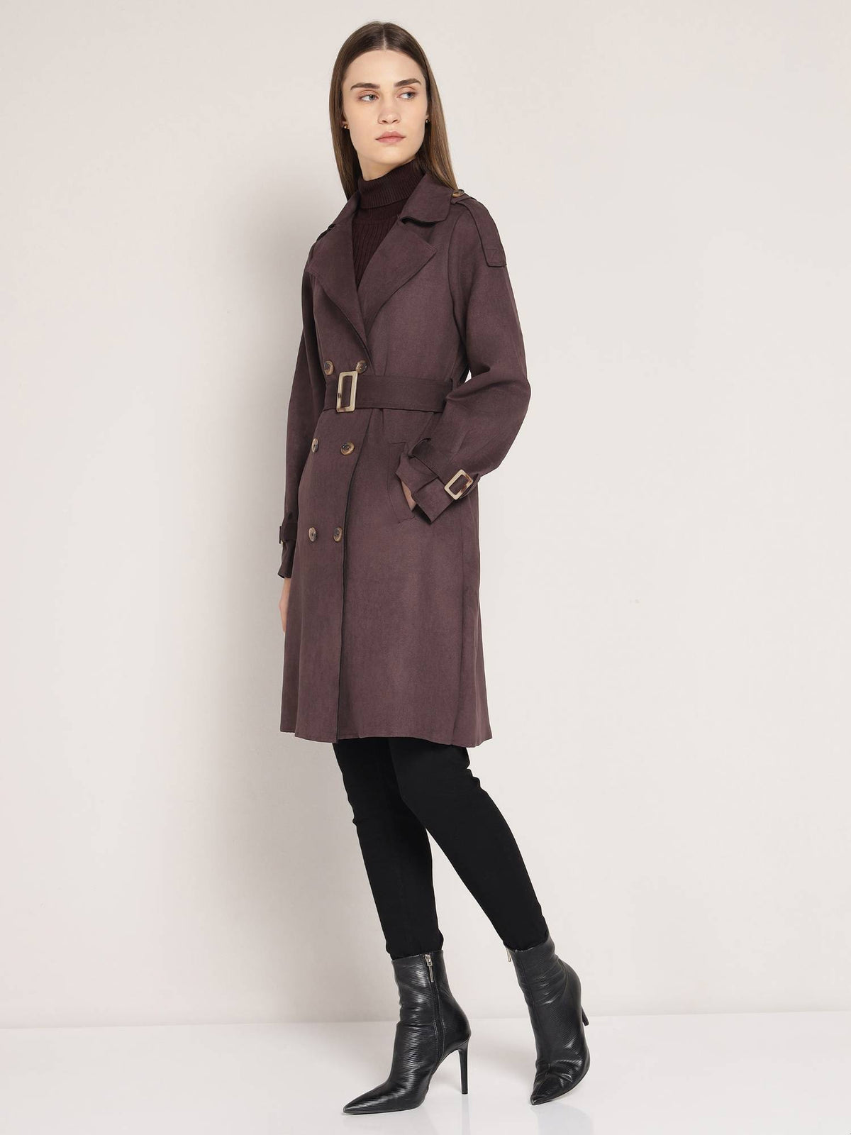 Brown Polyester Solid Overcoat with Belt | JC78 - view 4