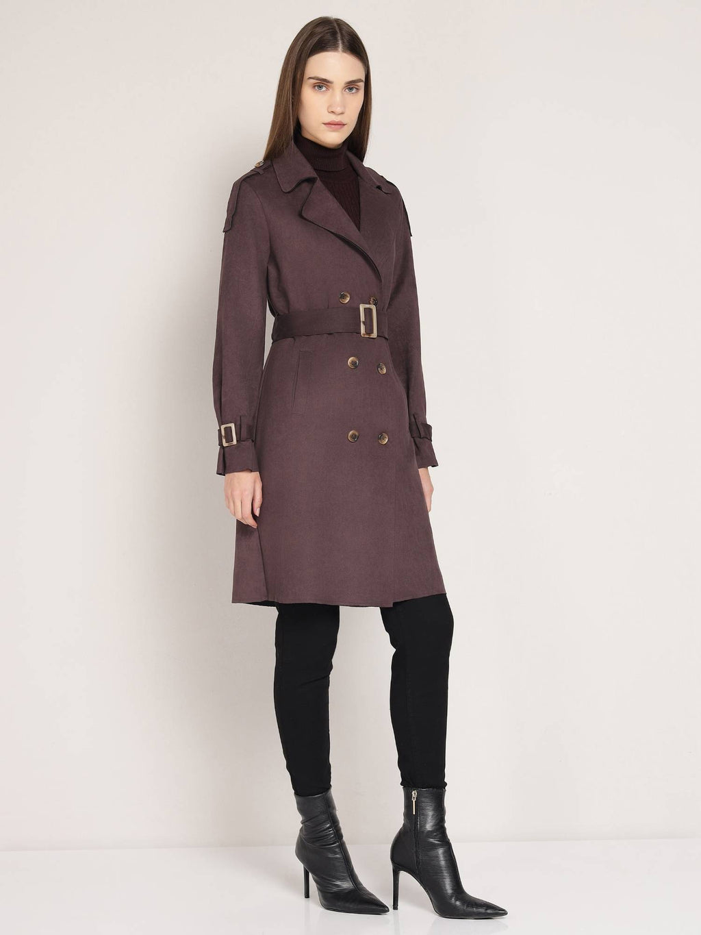 Brown Polyester Solid Overcoat with Belt | JC78 - view 5