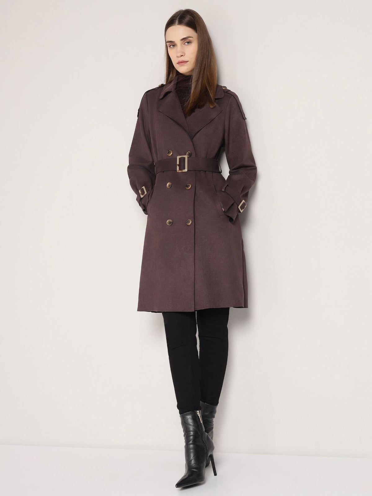 Brown Polyester Solid Overcoat with Belt | JC78 - view 6