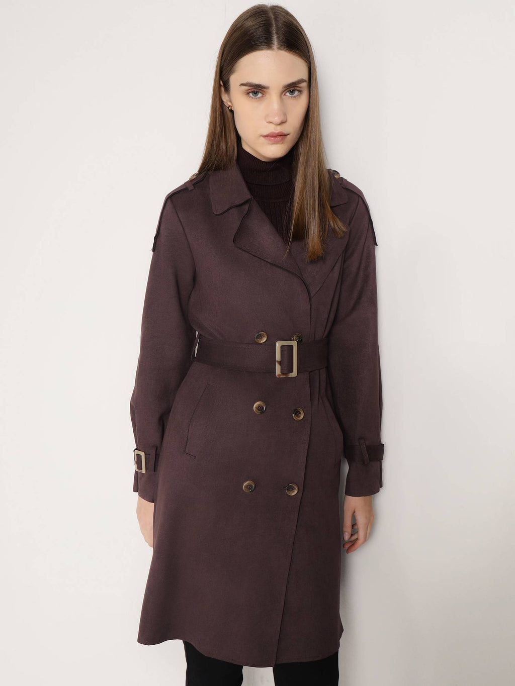 Brown Polyester Solid Overcoat with Belt | JC78 - view 7