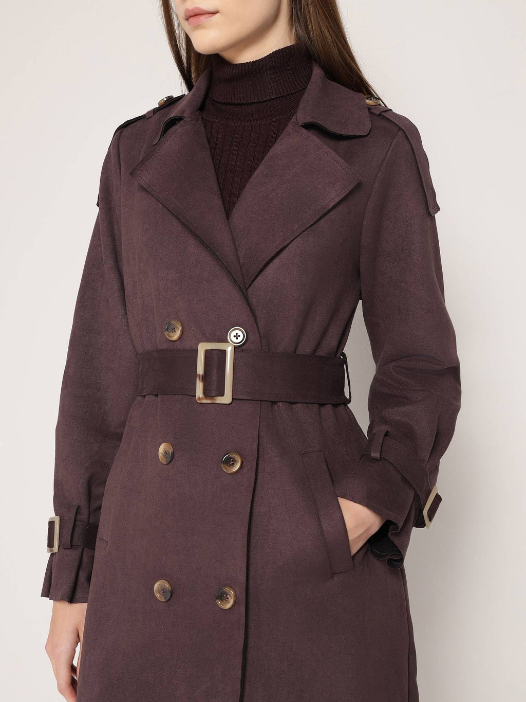 Brown Polyester Solid Overcoat with Belt | JC78 - view 8