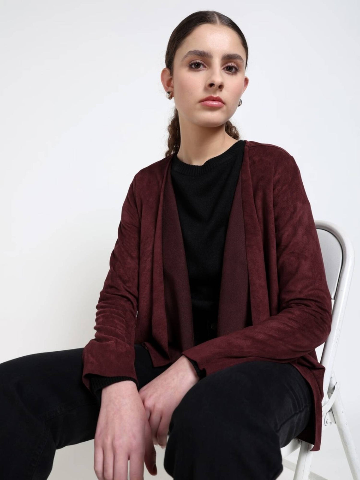 Burgundy Polyester Solid Shrug | JC78 - view 2