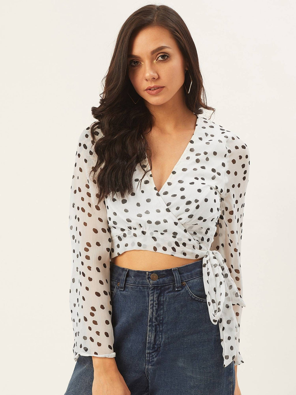 Women White & Black Printed Wrap Crop Top | CT61 - view 1
