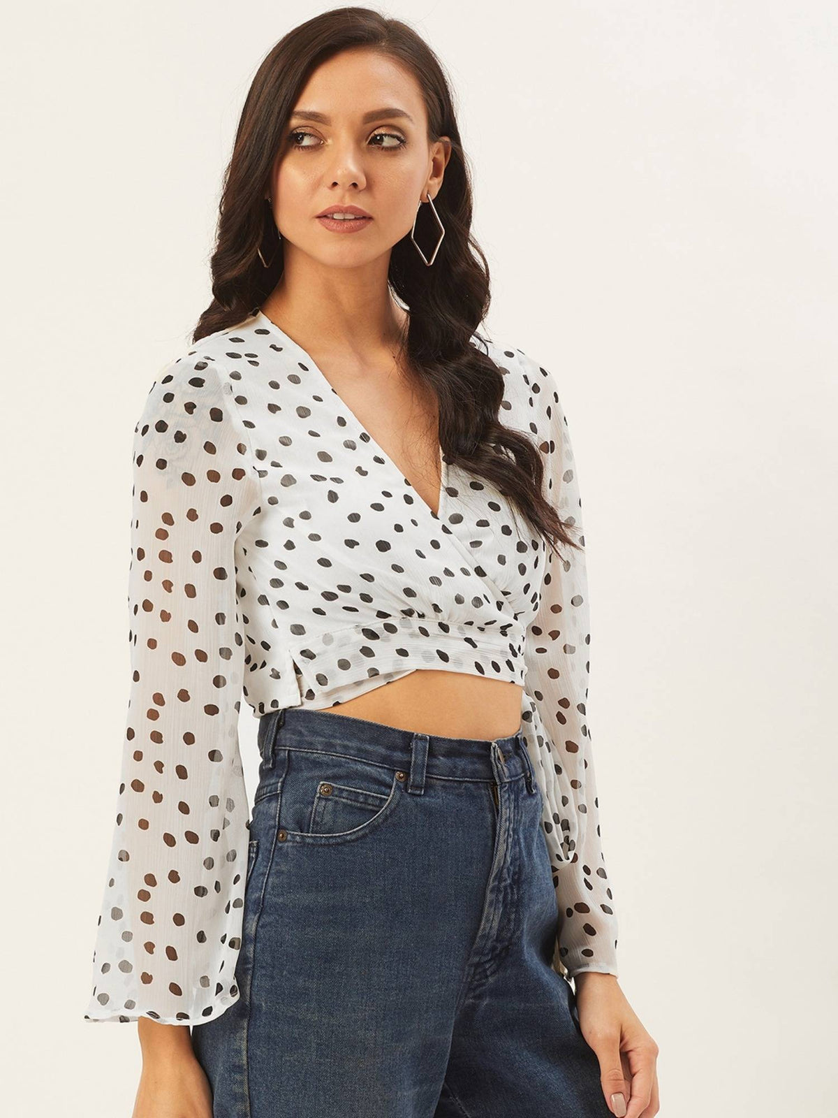 Women White & Black Printed Wrap Crop Top | CT61 - view 3